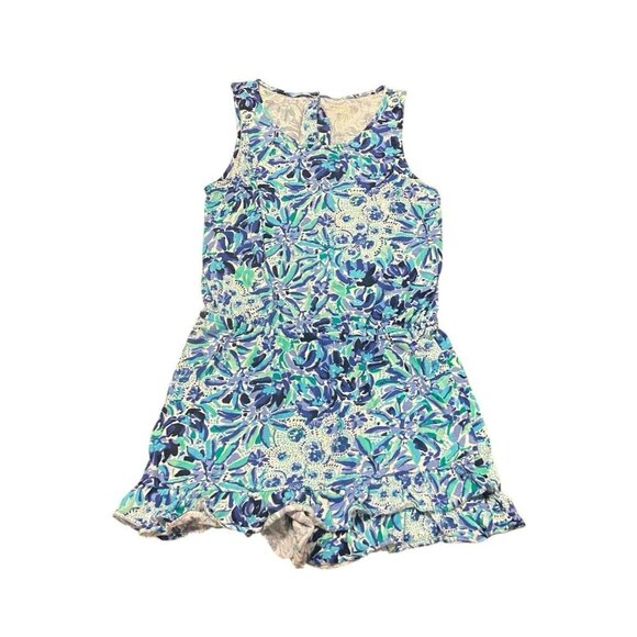 Lilly Pulitzer Venecia Blue Ruffle Beach Tropical Romper Shorts Girls XL 12-14 - Picture 2 of 11
